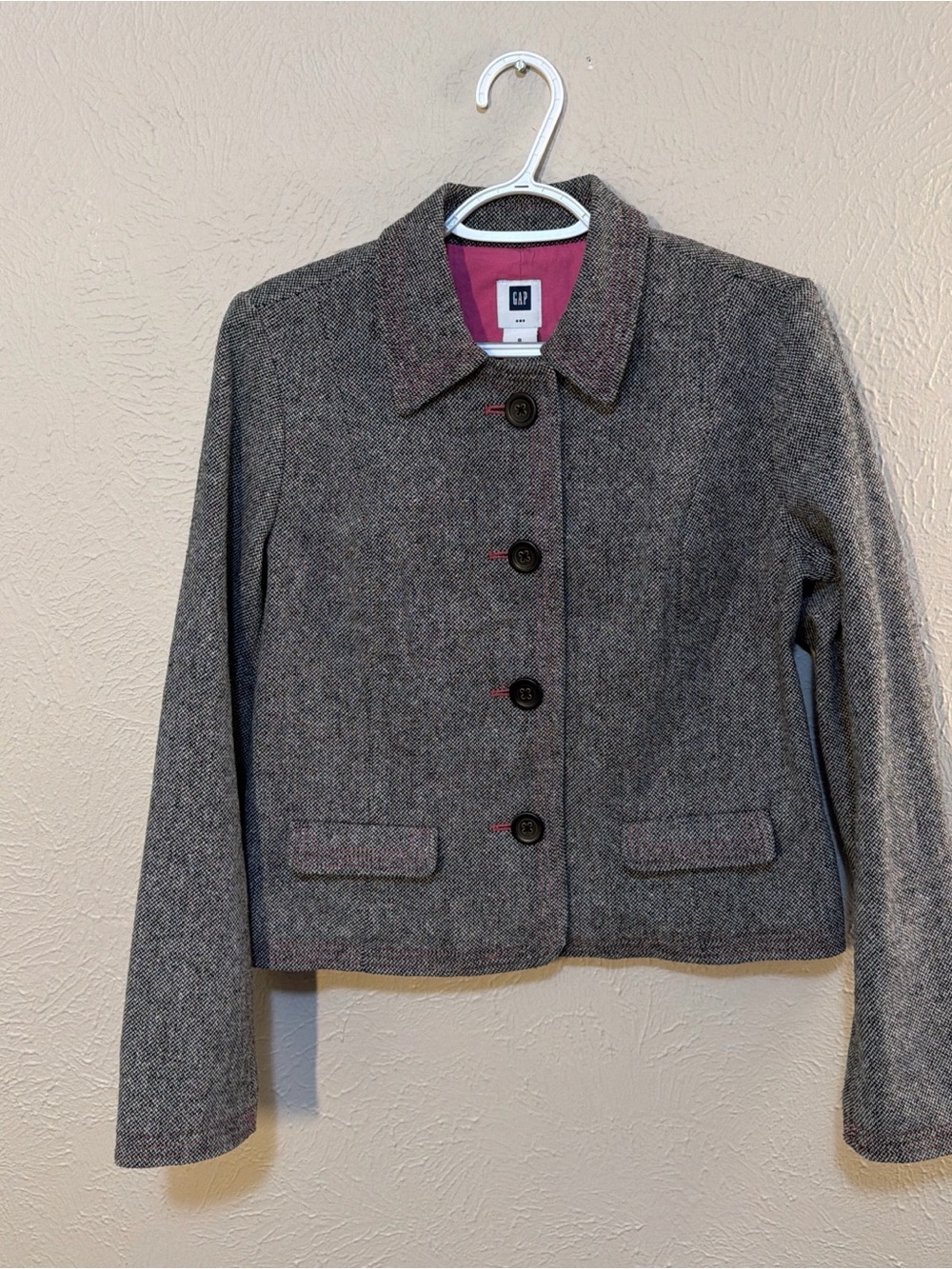 GAP Women's Gray Tweed Cropped Blazer with Pink Lining